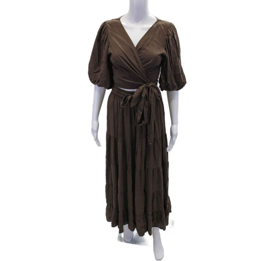 Skemo Womnes Short Sleeves Wrap Blouse Skirt Set Brown Size Extra Small